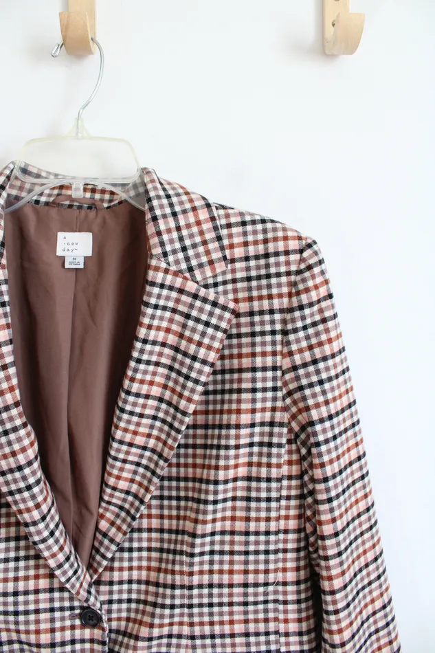 A New Day A New Day Brown Black Pink Plaid Blazer M Necklaces