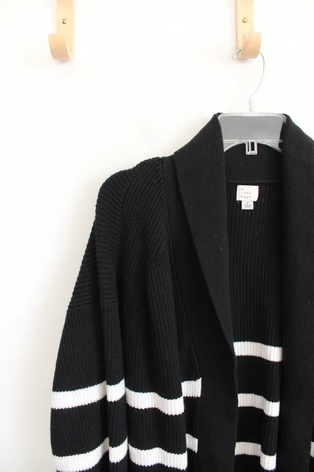 A New Day Rings A New Day Black White Striped Knit Cardigan L
