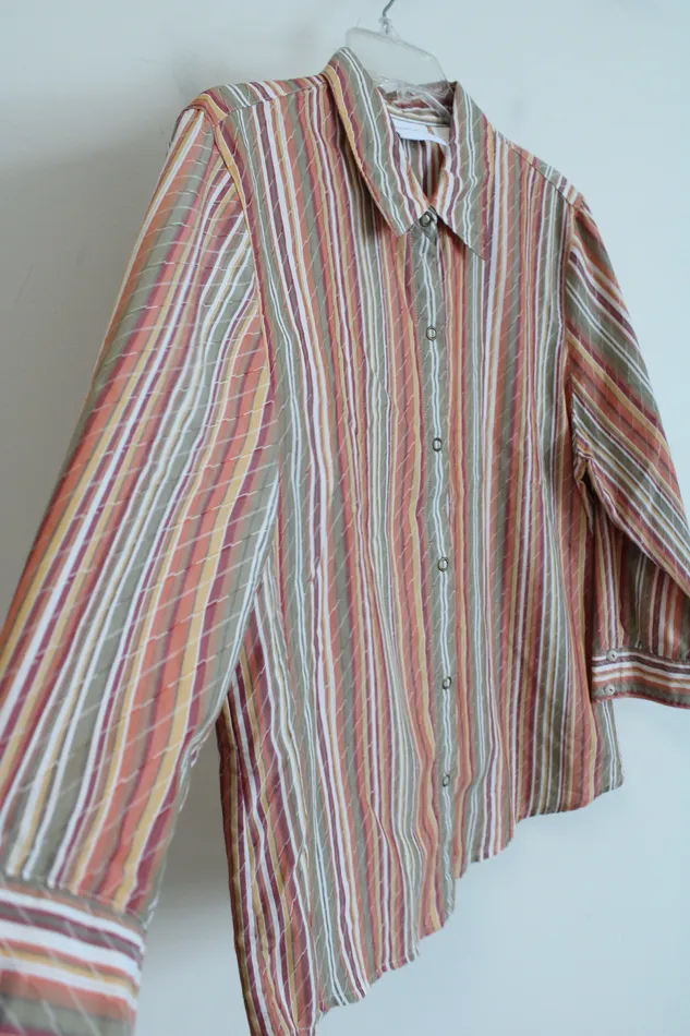 Alfred Dunner Alfred Dunner Green Orange Striped Button Down Shirt 14 Earrings