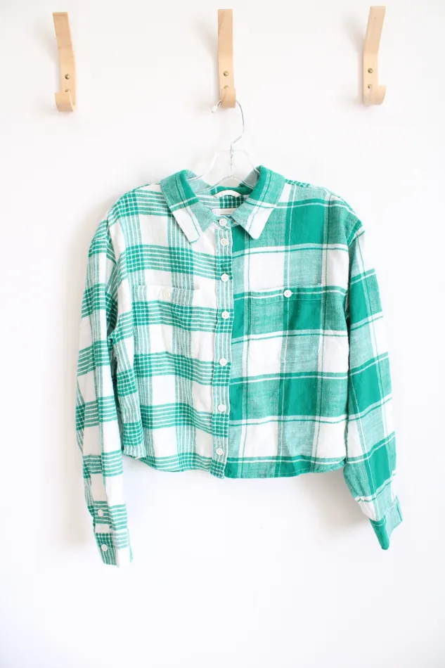 American Eagle Rings American Eagle Green White Plaid Cropped Flannel S