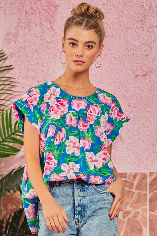 ANDREE BY UNIT Rings ROUND NECKLINE FLORAL PRINT TUNIC TOP ROYAL BLUE