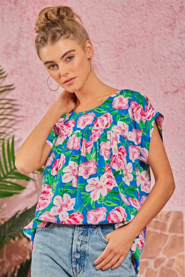 ANDREE BY UNIT Rings ROUND NECKLINE FLORAL PRINT TUNIC TOP ROYAL BLUE