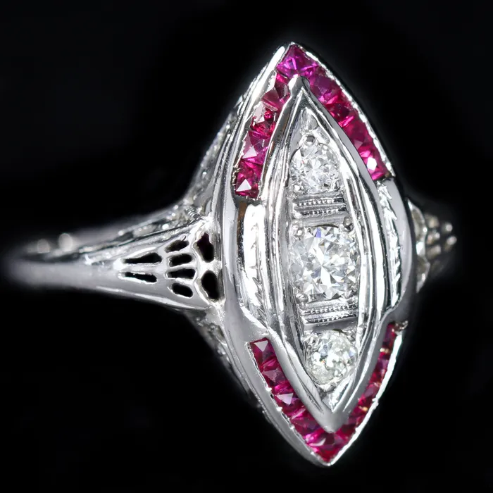Art Deco 030 CTW Old European Cut Diamond and Ruby Ring OTC Rings
