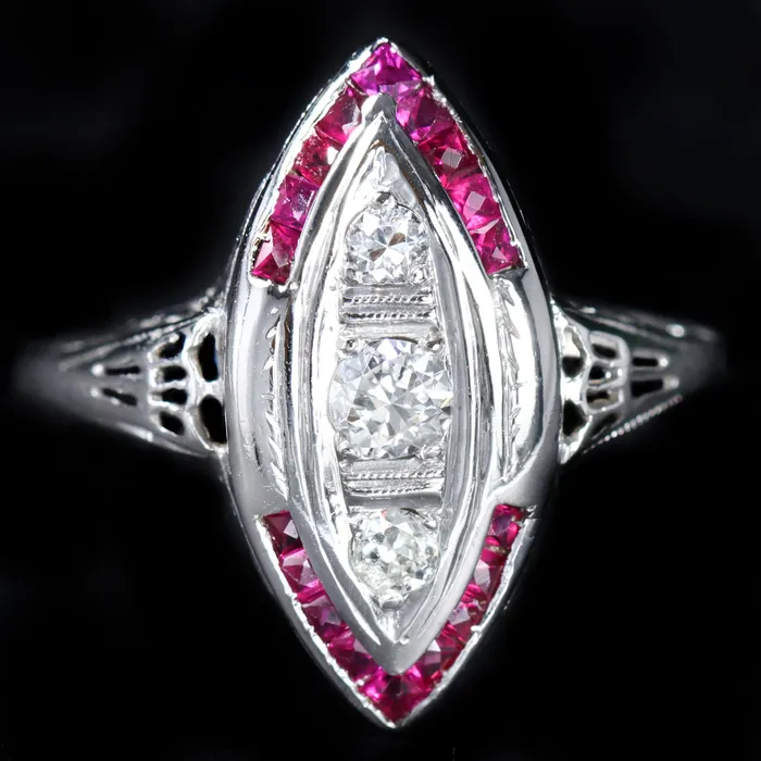 Art Deco 030 CTW Old European Cut Diamond and Ruby Ring OTC Rings