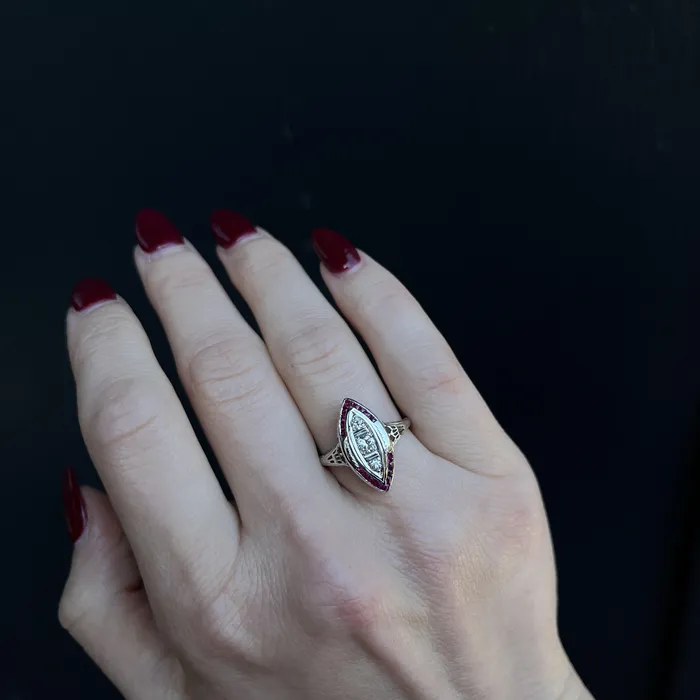 Art Deco 030 CTW Old European Cut Diamond and Ruby Ring OTC Rings