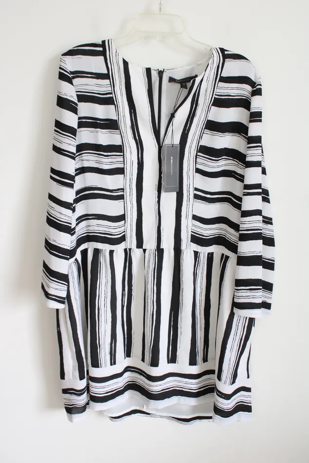 BCBG Maxazria Black White Striped Chiffon Loose Fit Dress L BCBG Rings
