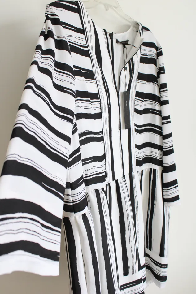 BCBG Maxazria Black White Striped Chiffon Loose Fit Dress L BCBG Rings