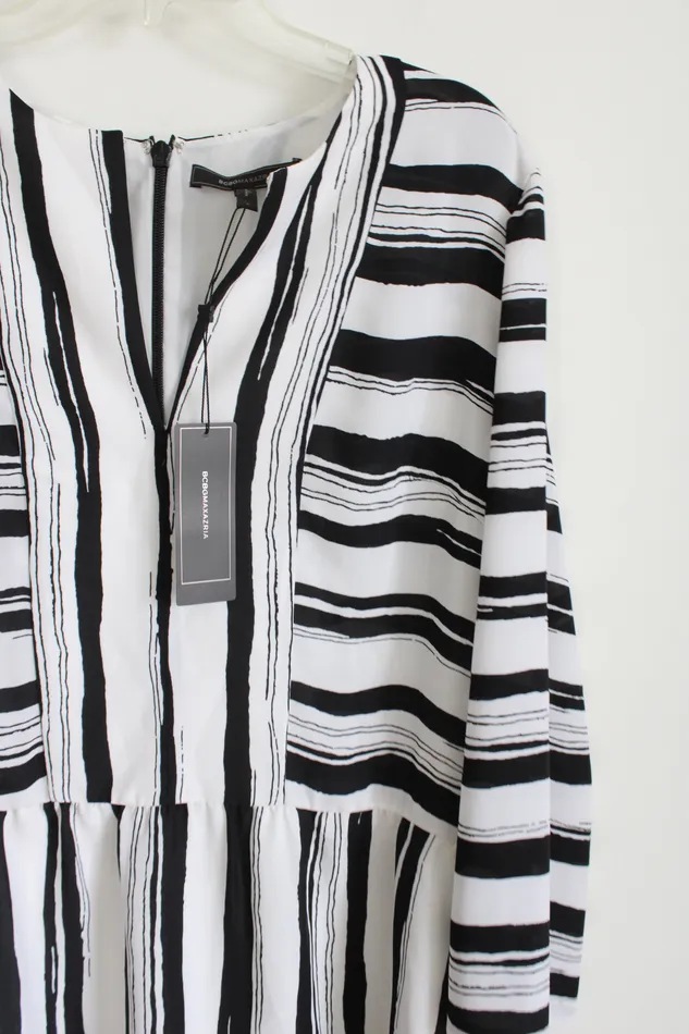 BCBG Maxazria Black White Striped Chiffon Loose Fit Dress L BCBG Rings