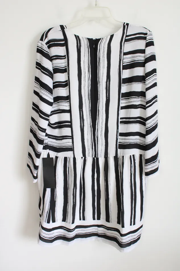 BCBG Maxazria Black White Striped Chiffon Loose Fit Dress L BCBG Rings