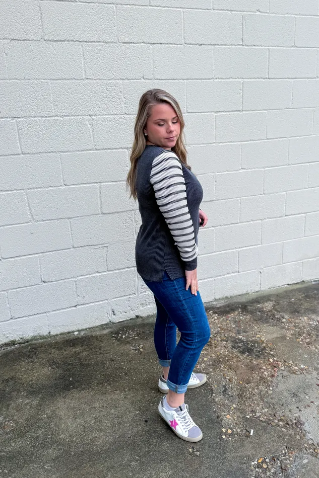 BE Stage Earrings Call Her Out Striped Sleeves Top