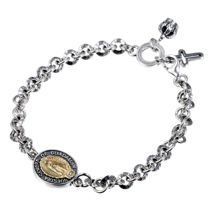 Bracelets Lords Guidance Sterling Silver Virgin Mary Chain Bracelet with Cross Charm