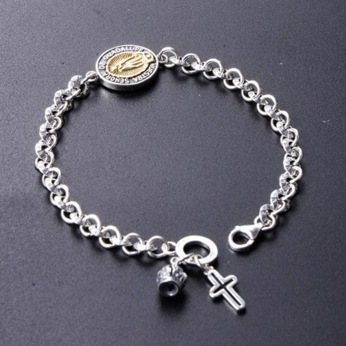 Bracelets Lords Guidance Sterling Silver Virgin Mary Chain Bracelet with Cross Charm