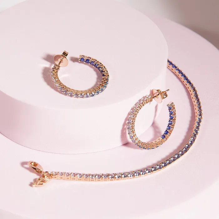 Bronzallure Earrings Set Orecchini a Cerchio Grandi e Bracciale Tennis con Cubic Zirconia Blu Effetto Dgrad