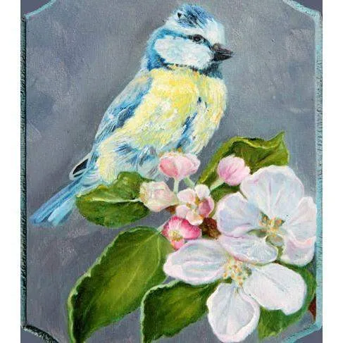 Chickadee Bird on Cherry Branch Folk Art Scenic Landscape Oil Painting Portraits by NC Necklaces