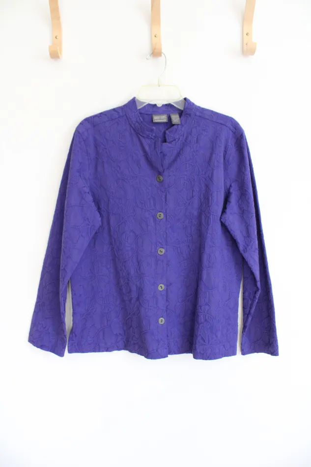 Chicos Rings Additions By Chicos Textured Purple Floral Lightweight Jacket 2 L Chicos Rings Additions By Chicos Textured Purple Floral Lightweight Jacket 2 L