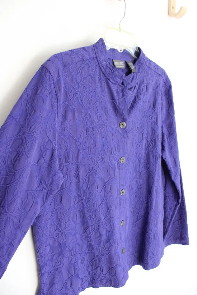 Chicos Rings Additions By Chicos Textured Purple Floral Lightweight Jacket 2 L