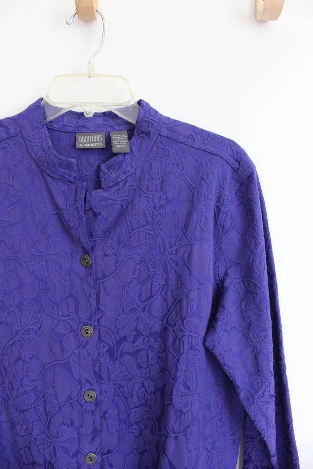 Chicos Rings Additions By Chicos Textured Purple Floral Lightweight Jacket 2 L