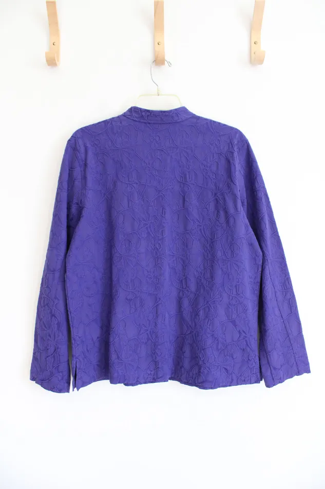 Chicos Rings Additions By Chicos Textured Purple Floral Lightweight Jacket 2 L