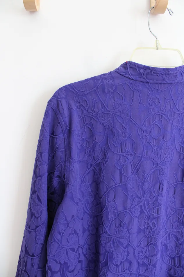 Chicos Rings Additions By Chicos Textured Purple Floral Lightweight Jacket 2 L
