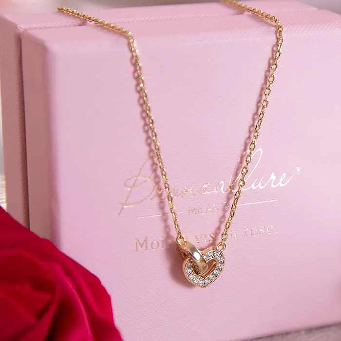 Collana Golden Catena Forzatina con Doppio Pendente Pav Cuore e Maglia Ovale Bronzallure Rings