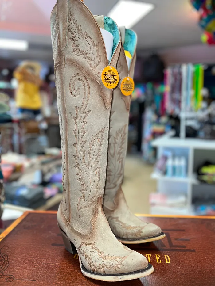 CORRAL Earrings CORRAL WOMENS J TOE TALL EMBROIDERY BONE SUEDE WESTERN BOOT A4403