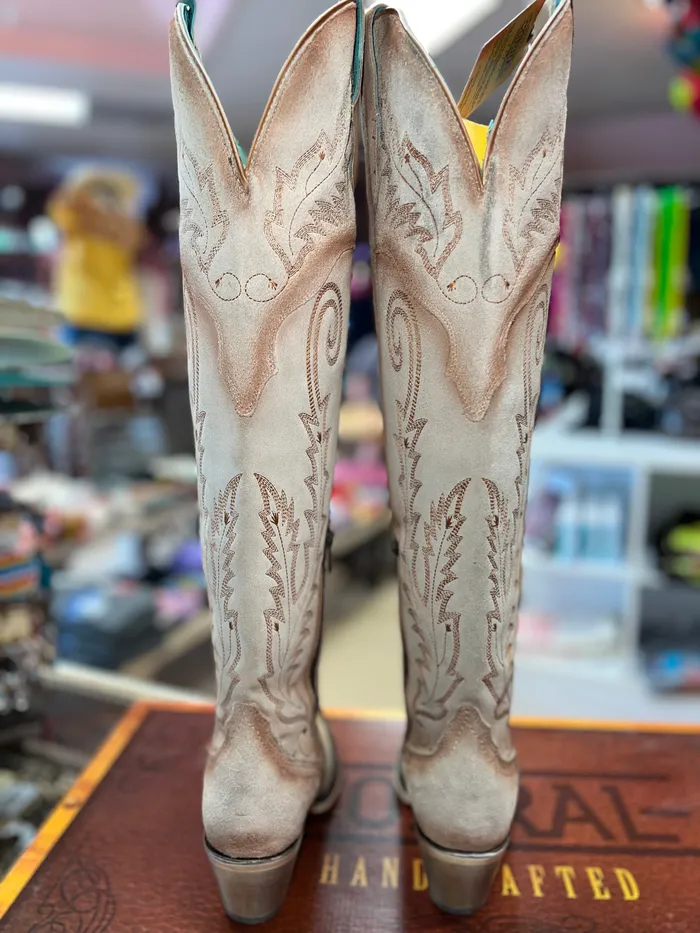 CORRAL Earrings CORRAL WOMENS J TOE TALL EMBROIDERY BONE SUEDE WESTERN BOOT A4403
