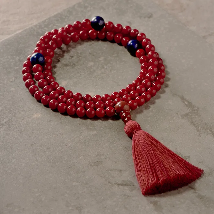 Drukomalas Necklaces Red Coral and Lapis Mala