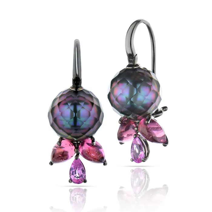 Earrings 177 Carat Pink Tourmaline and Tahitian Pearl Earrings Stephen Silver Fine Jewelry
