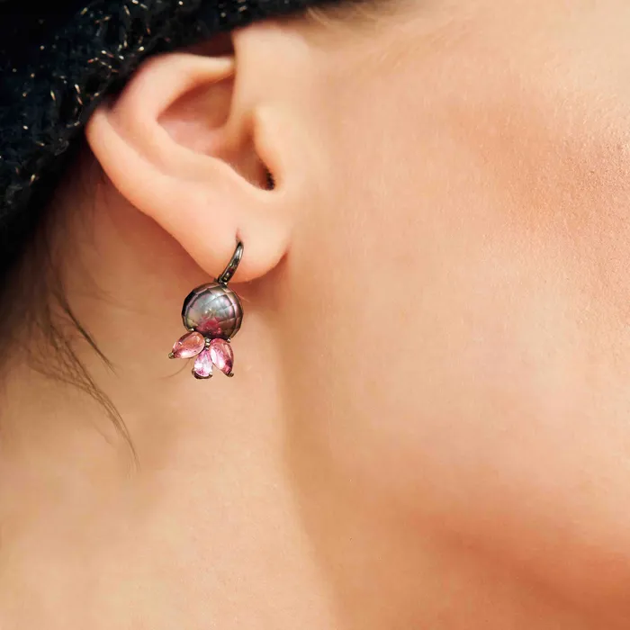 Earrings 177 Carat Pink Tourmaline and Tahitian Pearl Earrings Stephen Silver Fine Jewelry