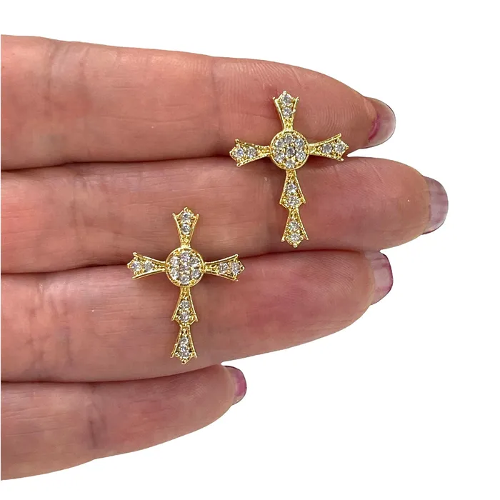 Earrings 24Kt Gold Plated CZ Micro Pave Cross Stud Earrings Rubber Earring Backs Included Peppy Beads Earrings 24Kt Gold Plated CZ Micro Pave Cross Stud Earrings Rubber Earring Backs Included Peppy Beads