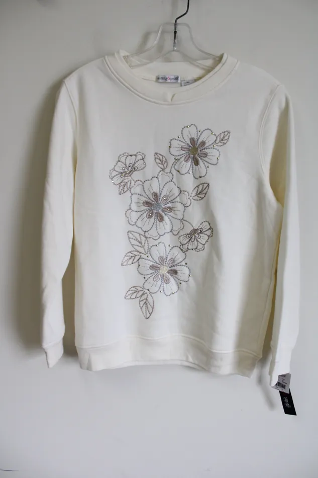 Earrings Hasting Smith NEW Hasting Smith Cream Embroidered Sweatshirt Petite S