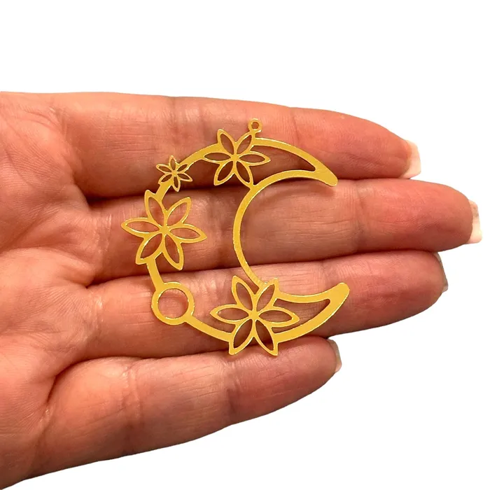 Earrings Peppy Beads 24Kt Gold Plated Crescent with Flower Charm Laser Cut Crescent with Flower Charm Earrings Peppy Beads 24Kt Gold Plated Crescent with Flower Charm Laser Cut Crescent with Flower Charm