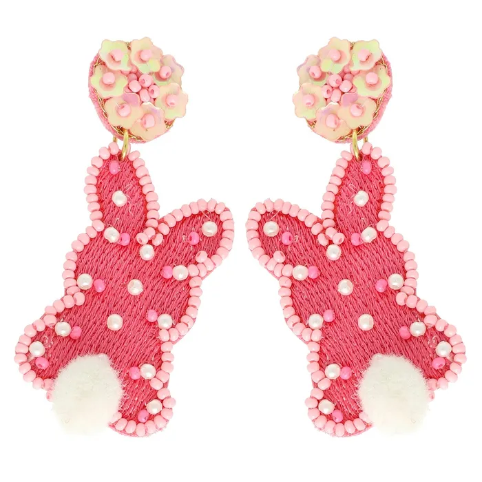 Earrings POM POM EASTER BUNNY SEED BEAD SEQUINS EMBROIDERED POST DANGLE EARRINGS Pink Something Special LA