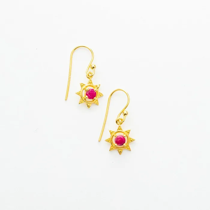 Earrings Tiger Mountain Gold Plated Sun and Ruby Dangle Earrings