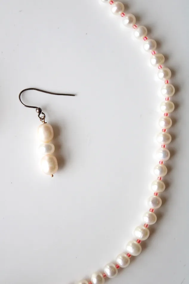 Genuine Ivory Pearl Pink Beaded Necklace Earring Set Jubilee Thrift Earrings