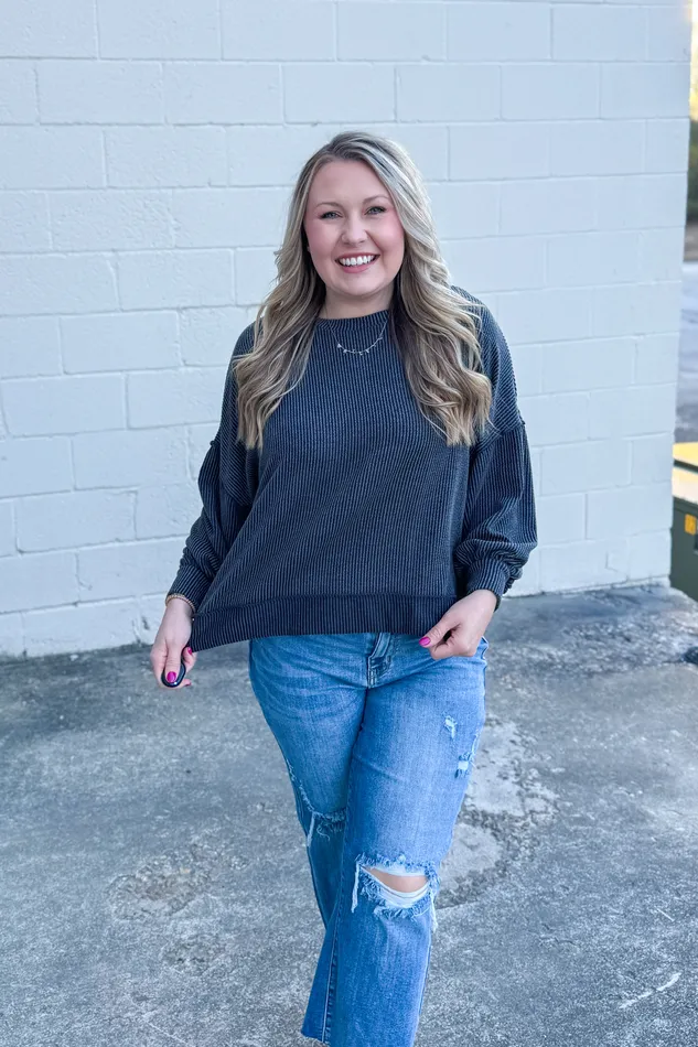 Haptics Earrings In A Dream Ribbed Pullover Top Charcoal