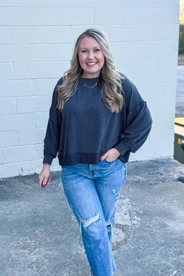 Haptics Earrings In A Dream Ribbed Pullover Top Charcoal