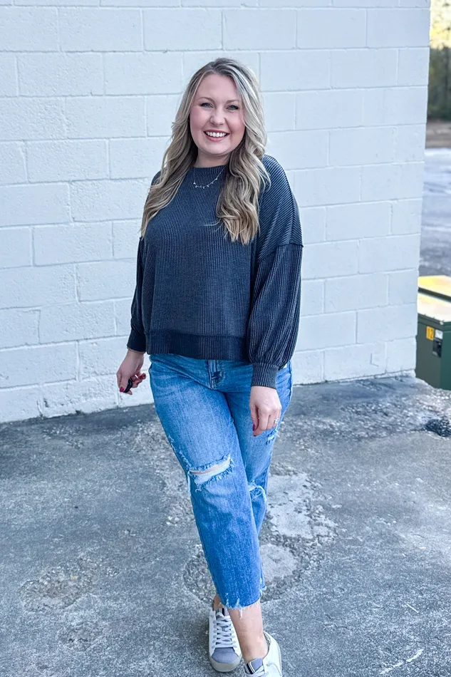 Haptics Earrings In A Dream Ribbed Pullover Top Charcoal