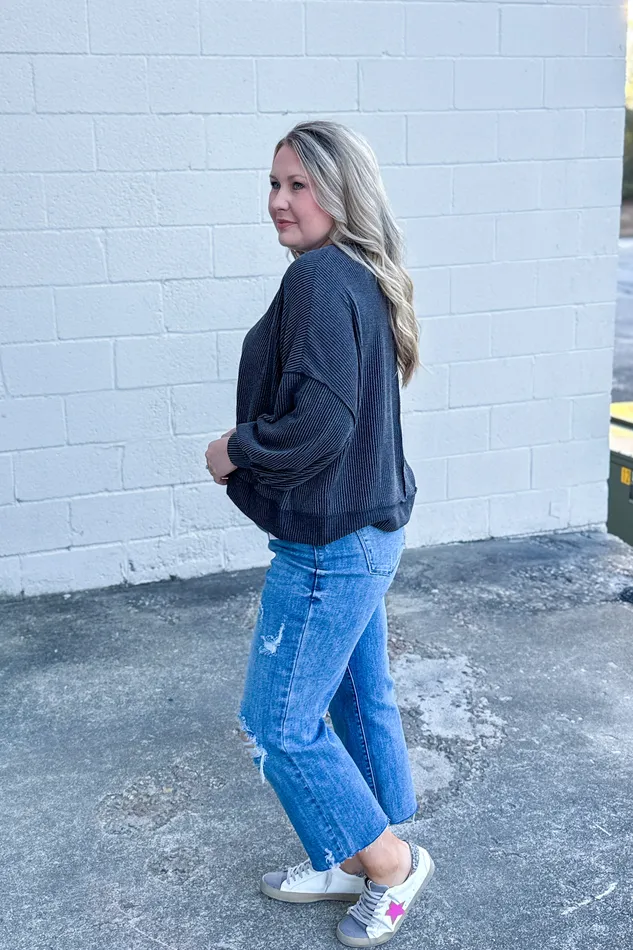 Haptics Earrings In A Dream Ribbed Pullover Top Charcoal