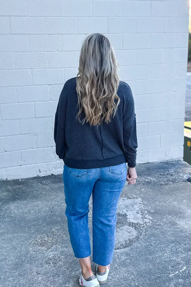 Haptics Earrings In A Dream Ribbed Pullover Top Charcoal