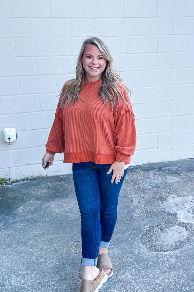 In A Dream Ribbed Pullover Top Rust Haptics Earrings