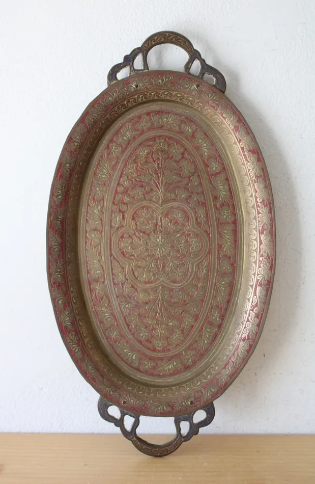 Jubilee Thrift Earrings HK Made In India Brass Etched Red Painted Vintage Tray Jubilee Thrift Earrings HK Made In India Brass Etched Red Painted Vintage Tray