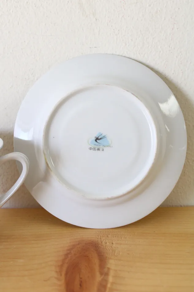Jubilee Thrift Rings White Green Floral China Silver Rim Teacup Saucer