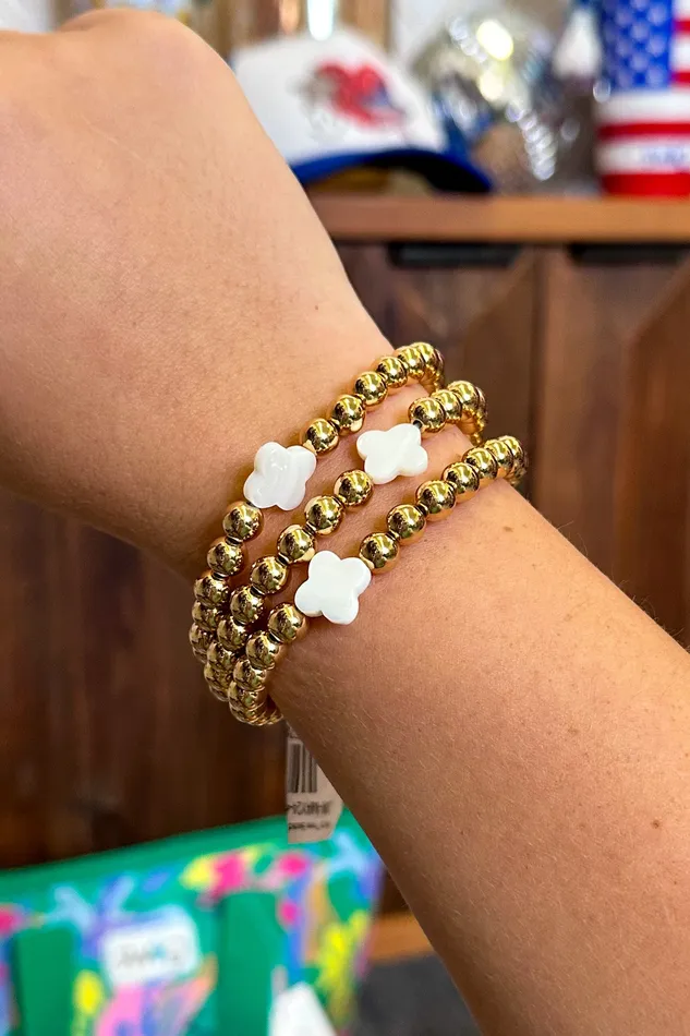 Judson Bracelets Set of Three Beaded Stretch Bracelet Featuring Clover Station Gold Judson Bracelets Set of Three Beaded Stretch Bracelet Featuring Clover Station Gold