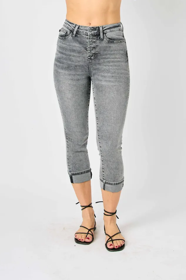 JUDY BLUE JUDY BLUE HIGH WAIST CUFFED BUTTON FLY CAPRI GREY Rings JUDY BLUE JUDY BLUE HIGH WAIST CUFFED BUTTON FLY CAPRI GREY Rings
