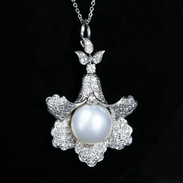 K Goldschmidt Necklaces MidCentury Pearl and Diamond Flower Pendant