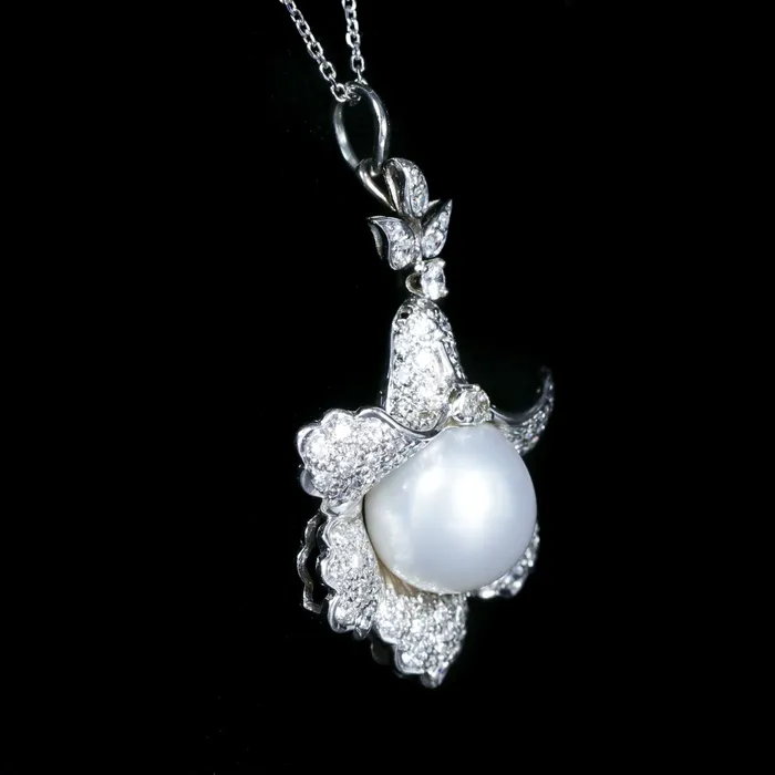 K Goldschmidt Necklaces MidCentury Pearl and Diamond Flower Pendant