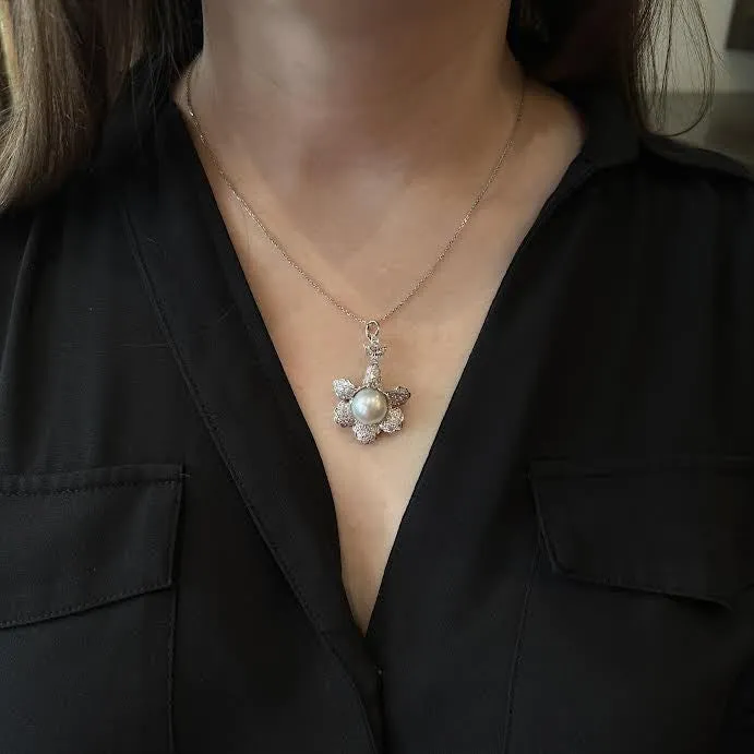 K Goldschmidt Necklaces MidCentury Pearl and Diamond Flower Pendant