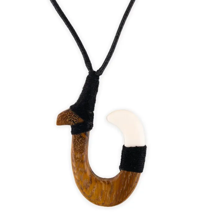 MADDENCORP Necklaces Mauna Ka Wood Bone Hawaiian Fish Hook Necklace