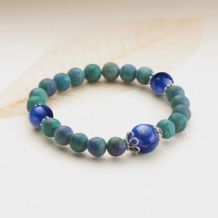 Matte Azurite and Lapis Stretchy Mala Drukomalas Necklaces
